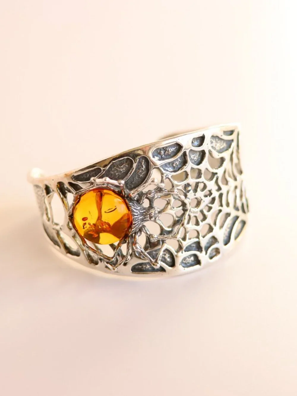 Baltic Amber Cuff Bracelet- Sterling Silver Spiderweb Design